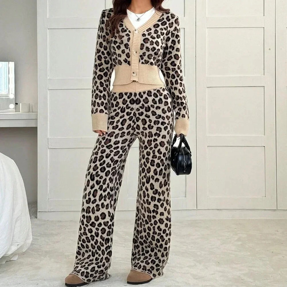 Multicolor Casual Women's Knit Sweater & Wide Leg Leopard Print Pants Set - Picture 1 of 7